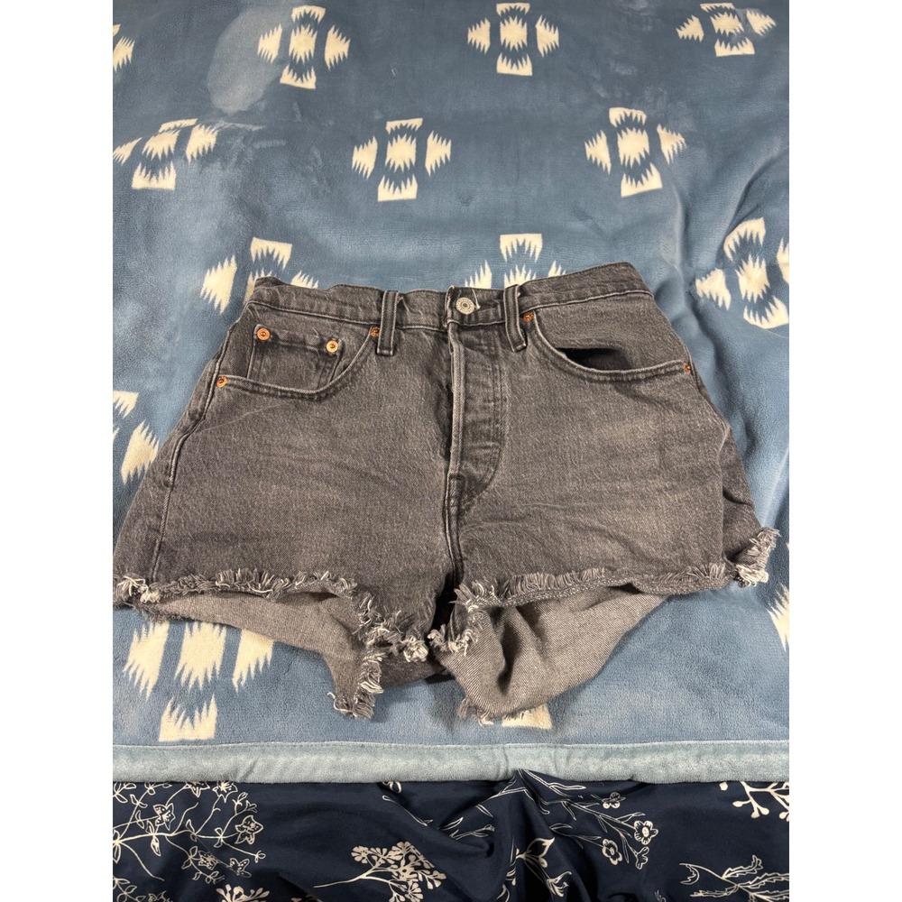 Levis Premium 501 Original High Rise Denim Shorts Washed Black Grey W26